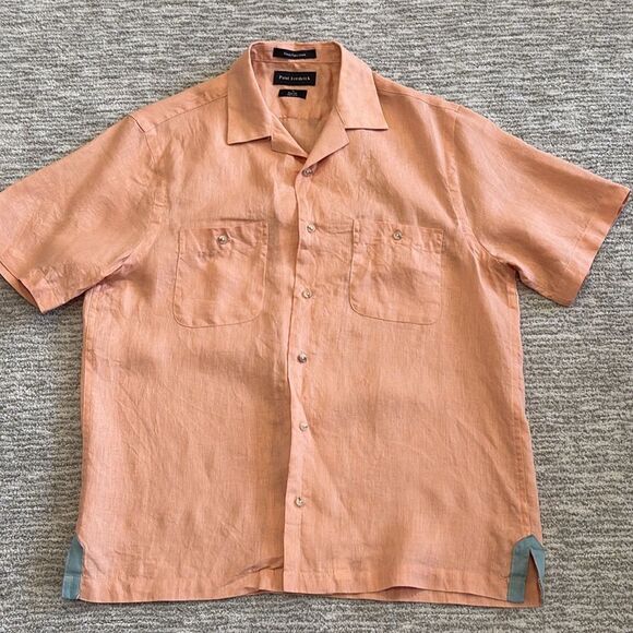 Paul Fredrick 100% Linen Camp Shirt Mens Size M Short Sleeve Button Down Peach - Picture 8 of 8
